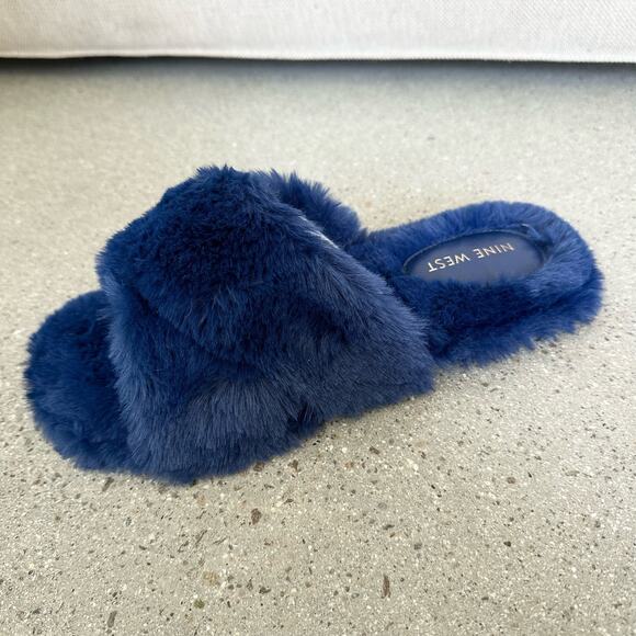 Nine West Dark Blue Cross Fur Slide Slippers - Picture 4 of 7